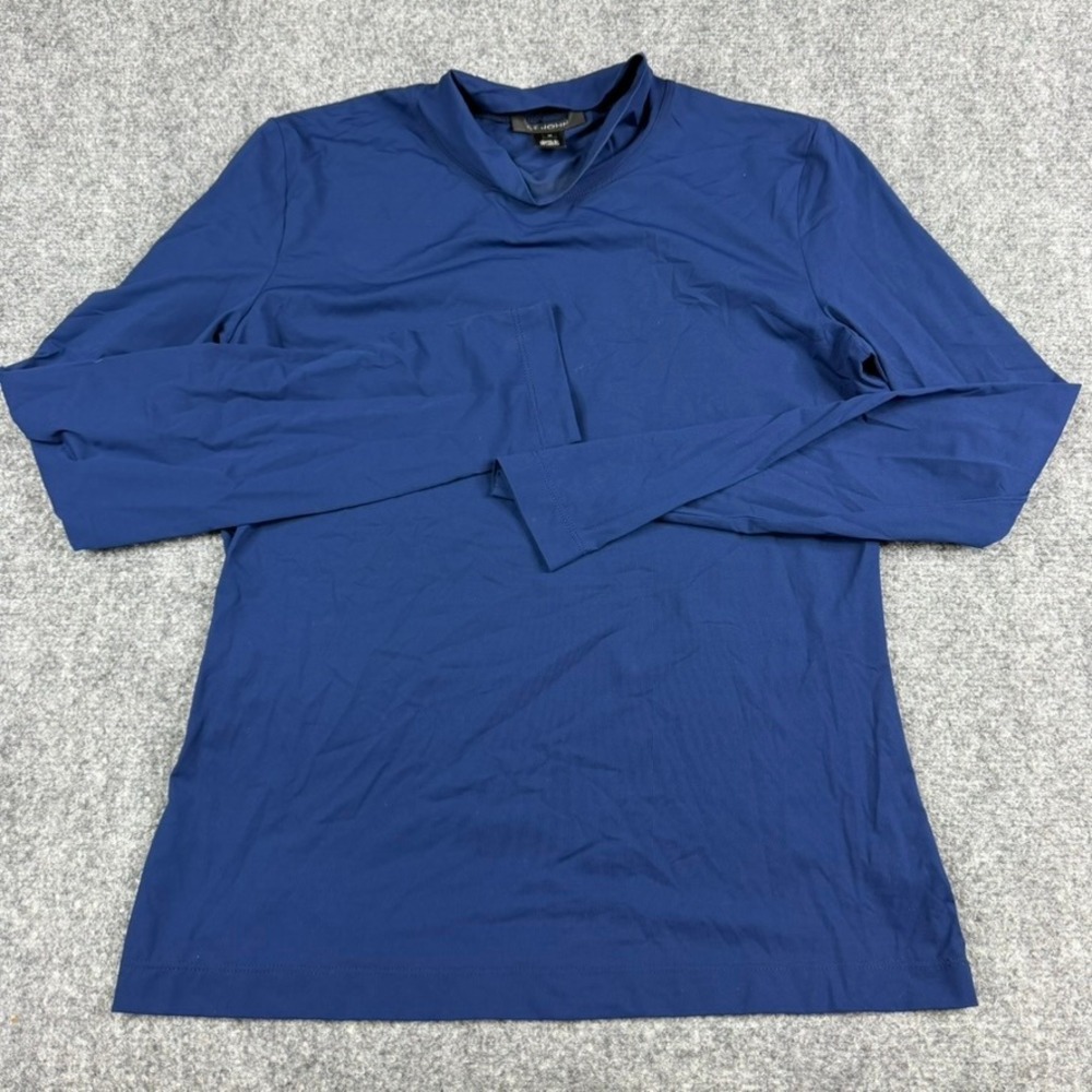 St. John Mock Neck Top Women Medium Blue Long Sleeve Stretch Knit Minimalist